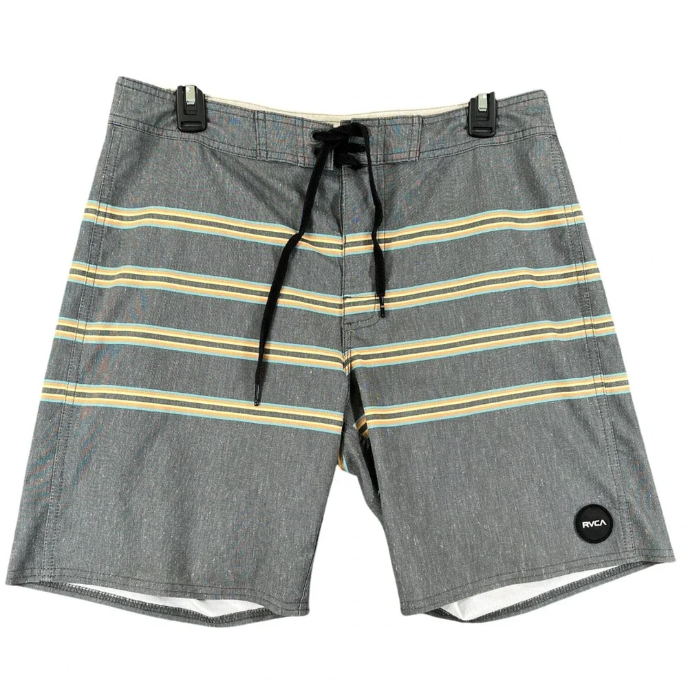 RVCA Board Shorts Mens 32 Gray Striped Performance Surf Trunks Swim Beach